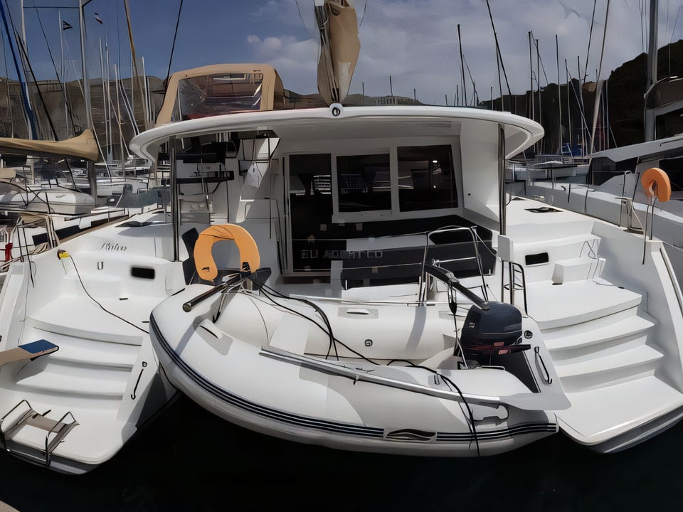 Exterior overview of Lagoon 400 S2 catamaran for charter from Zaton Sibenski in the Sibenik sailing area Croatia