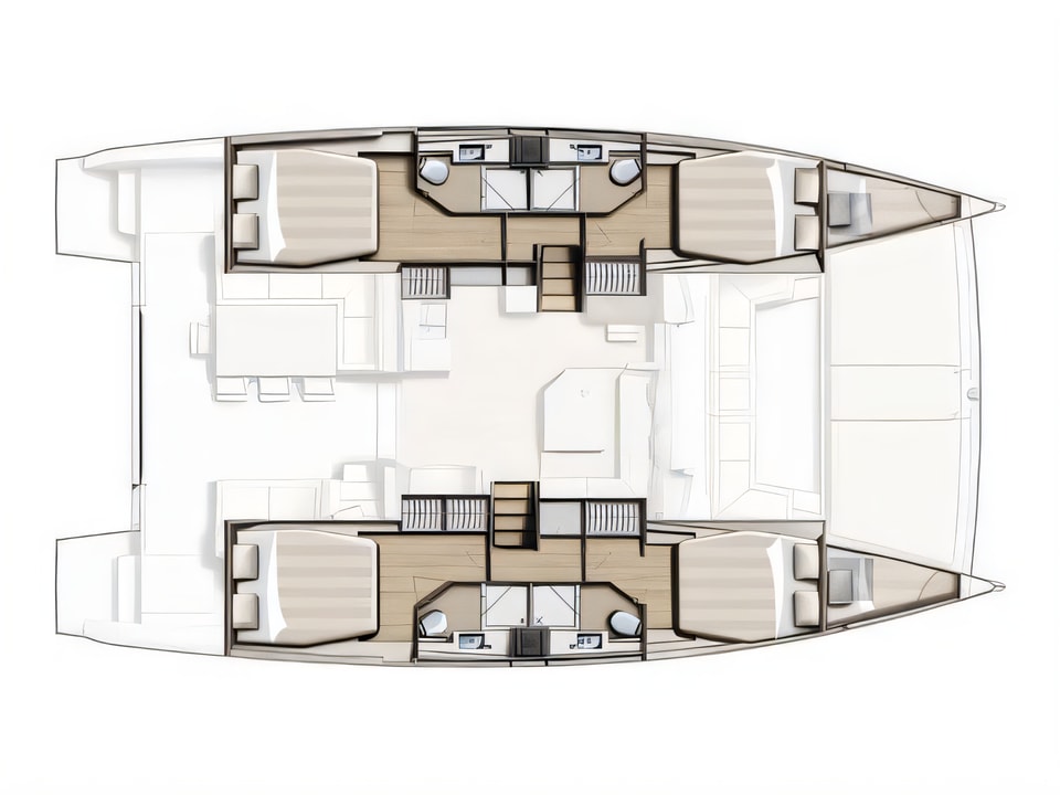 Layout of Bali 4.5 catamaran with 6 cabins Croatia yacht charter