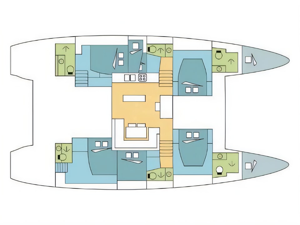 Layout of Lagoon 52F catamaran with 8 cabins Croatia yacht charter