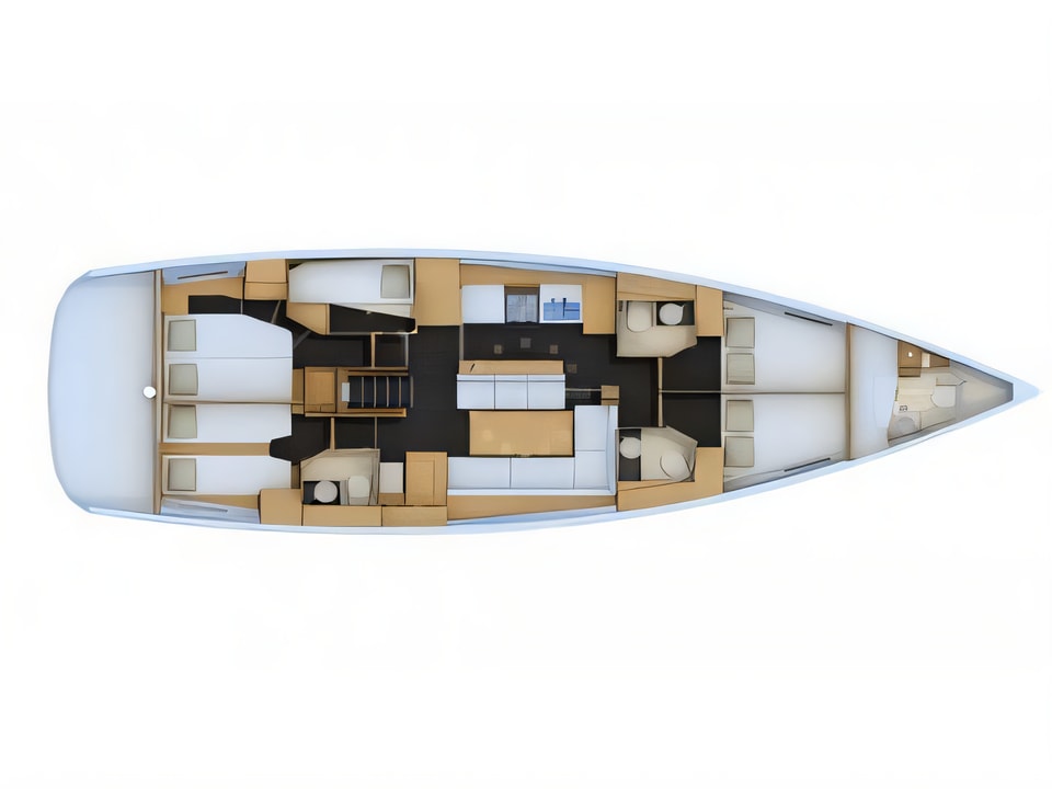 Layout of Sun Odyssey 54DS sail boat with 5 cabins Croatia yacht charter