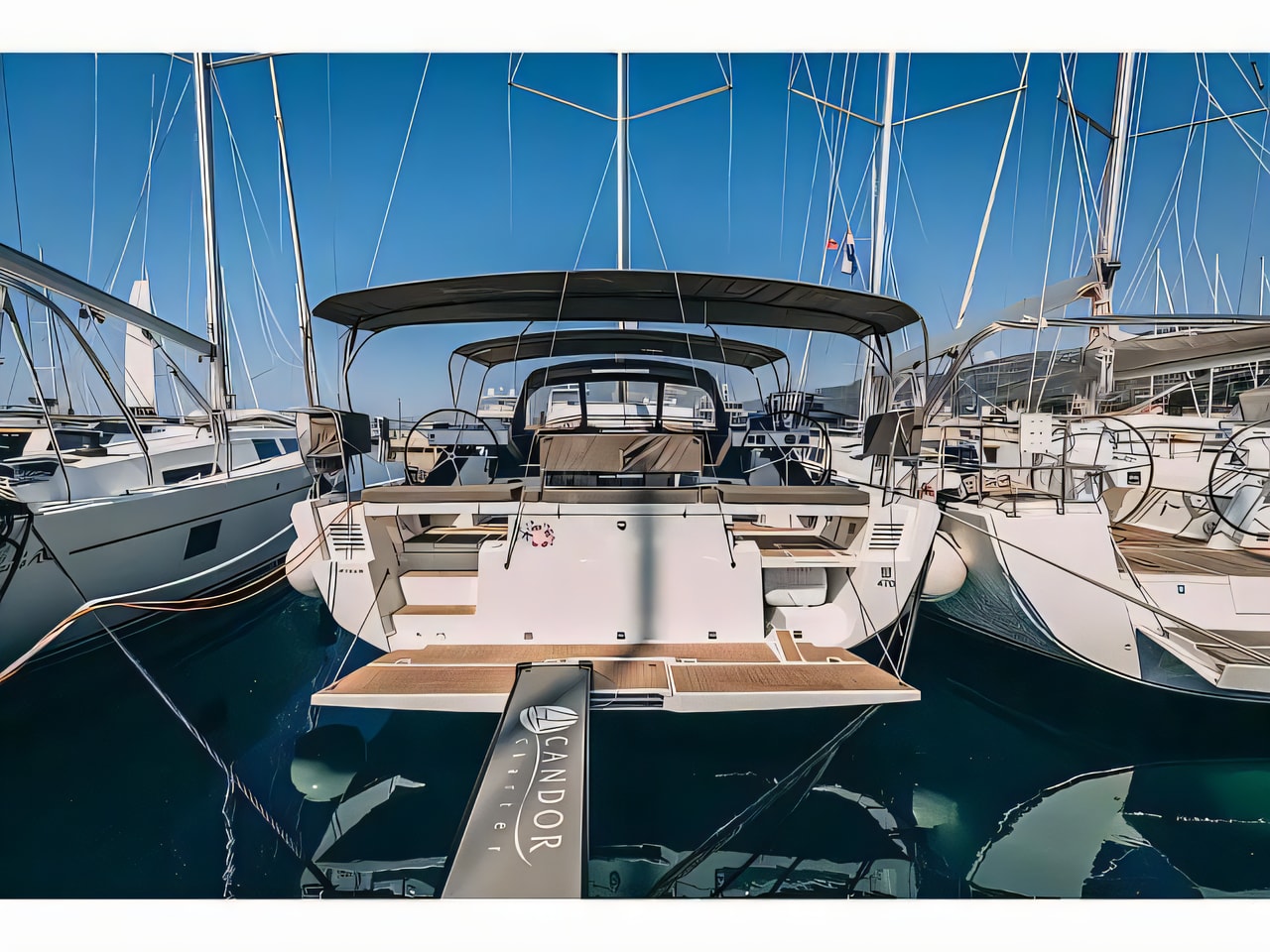 Exterior overview of Dufour 470 owner layout sail boat for charter from Kastela Gomilica Marina in the Split sailing area Croatia
