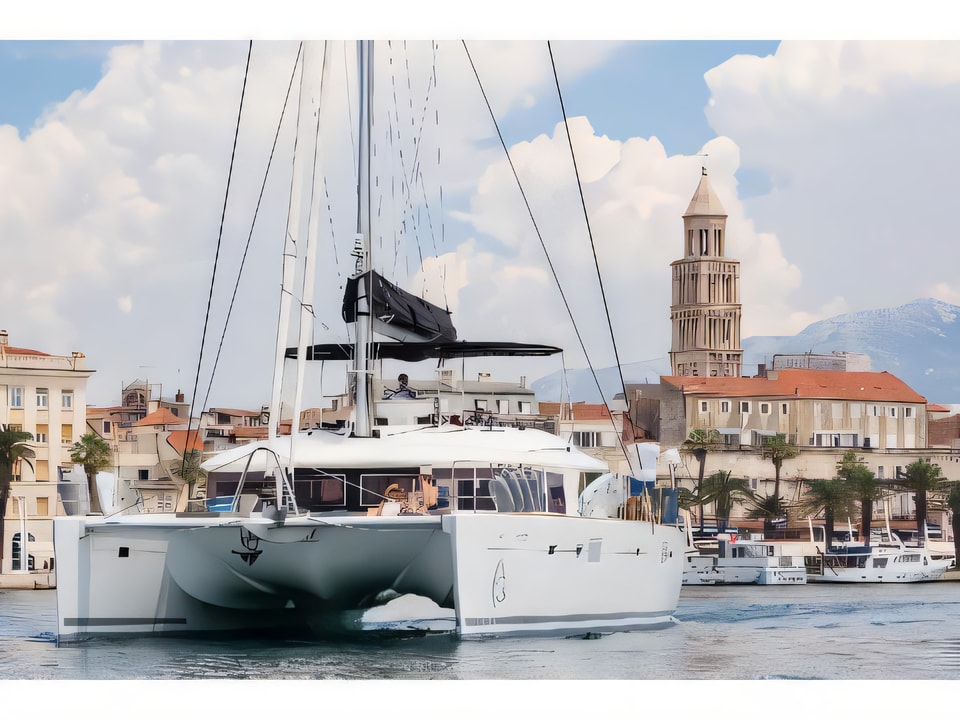 Exterior overview of Lagoon 560 catamaran for charter from Kastela Gomilica Marina in the Sibenik sailing area Croatia