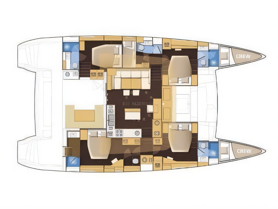 Layout of Lagoon 560 catamaran with 4 cabins Croatia yacht charter