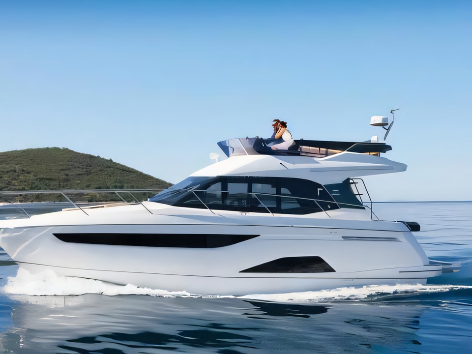 Exterior overview of Bavaria R40 FLY motor boat for charter from Kastela Gomilica Marina in the Sibenik sailing area Croatia