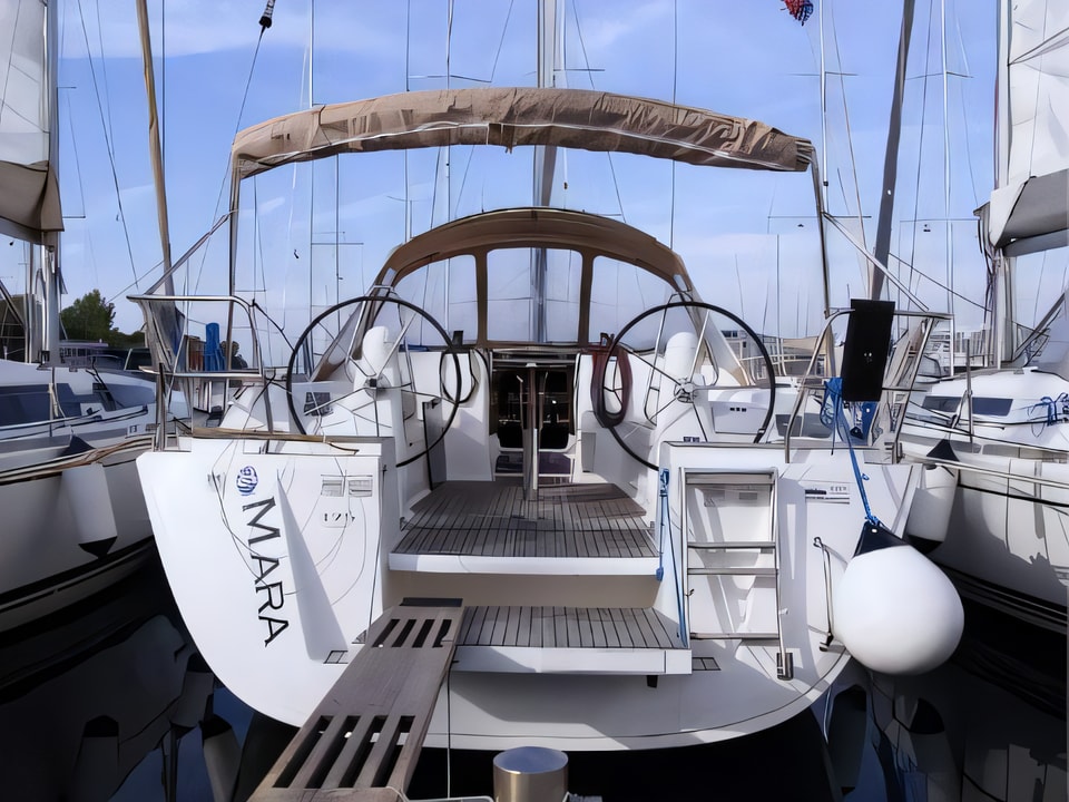 Exterior overview of Dufour 375 Grand Large sail boat for charter from Rogoznica Marina Frapa in the Sibenik sailing area Croatia