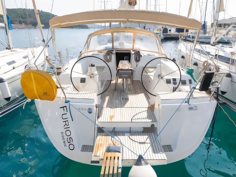 Exterior overview of Dufour 445 Grand Large sail boat for charter from Rogoznica Marina Frapa in the Sibenik sailing area Croatia