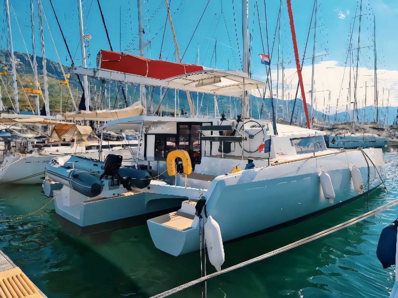 Exterior overview of Neel 43 catamaran for charter from Kastela Gomilica Marina in the Split sailing area Croatia