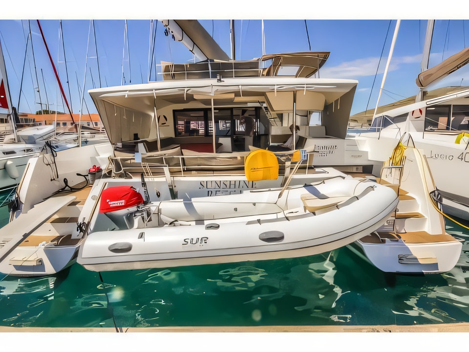 Exterior overview of Saba 50 catamaran for charter from Seget Donji Marina Baotic in the Split sailing area Croatia