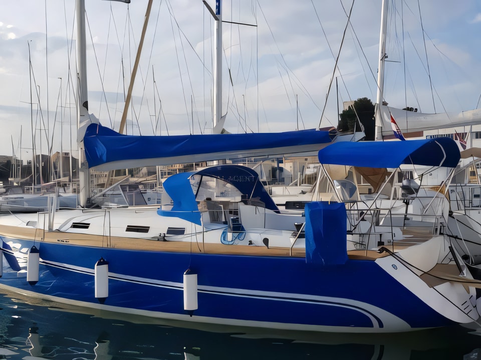 Exterior overview of Salona 45 sail boat for charter from Kastela Gomilica Marina in the Sibenik sailing area Croatia