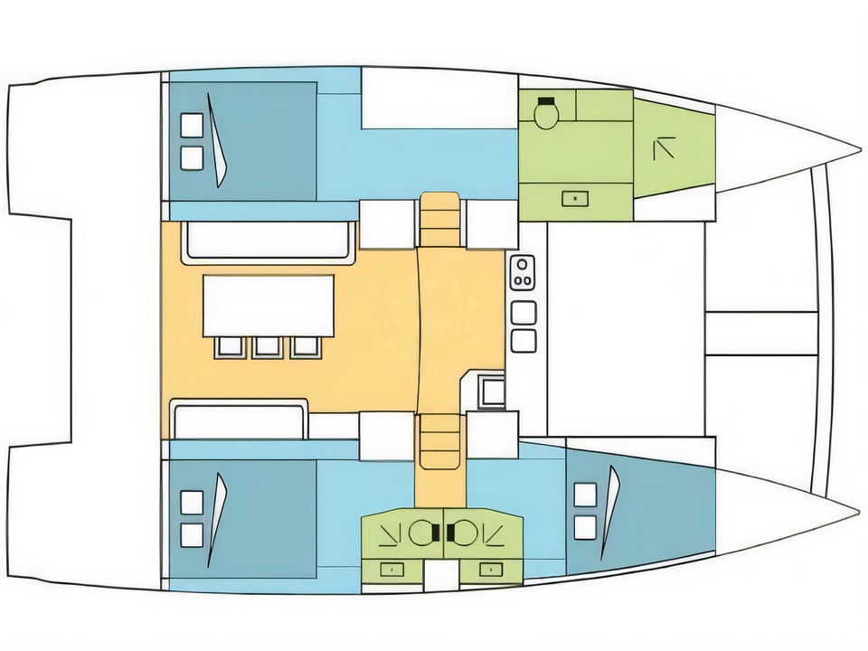 Layout of Bali 4.0 catamaran with 3 cabins Croatia yacht charter
