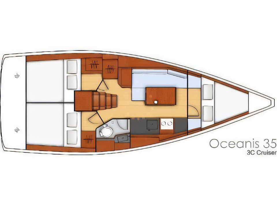 Layout of Oceanis 35 sail boat with 3 cabins Croatia yacht charter