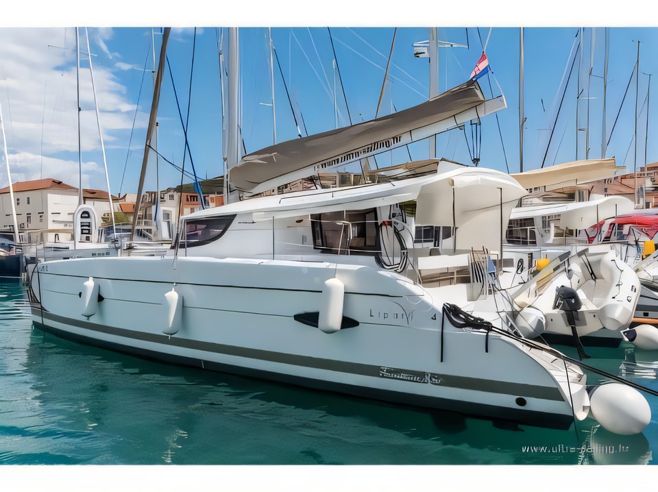 Exterior overview of Lipari 41 catamaran for charter from Seget Donji Marina Baotic in the Split sailing area Croatia