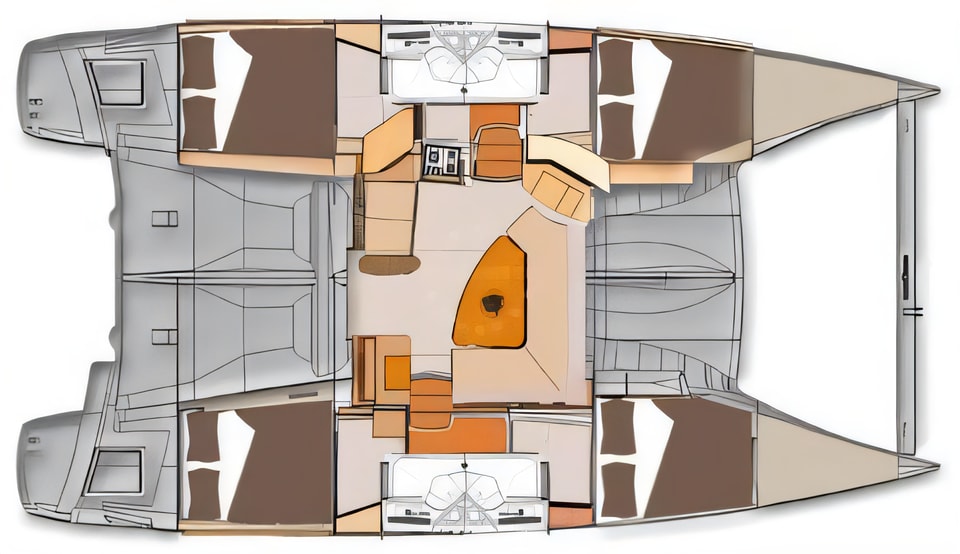 Layout of Lipari 41 catamaran with 4 cabins Croatia yacht charter