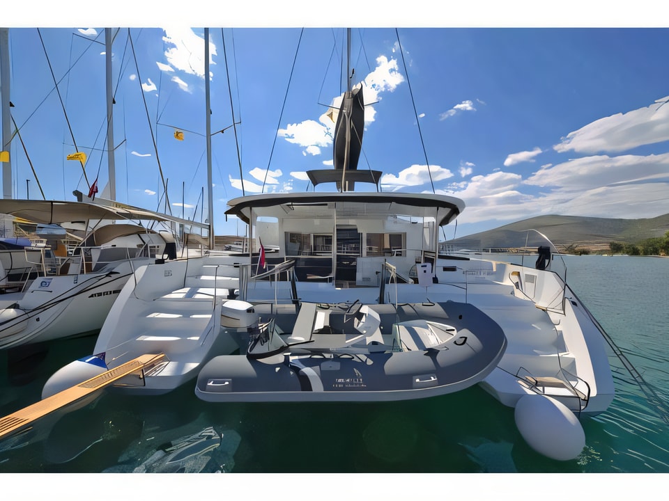 Exterior overview of Lagoon 450 Fly catamaran for charter from Trogir ACI Marina in the Split sailing area Croatia
