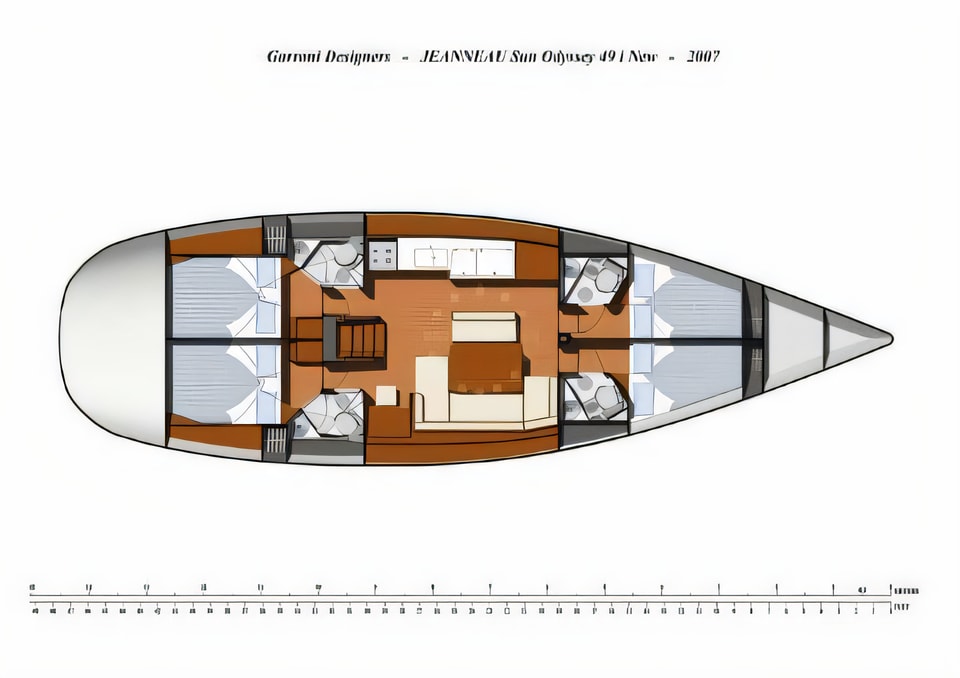 Layout of Sun Odyssey 49i sail boat with 4 cabins Croatia yacht charter