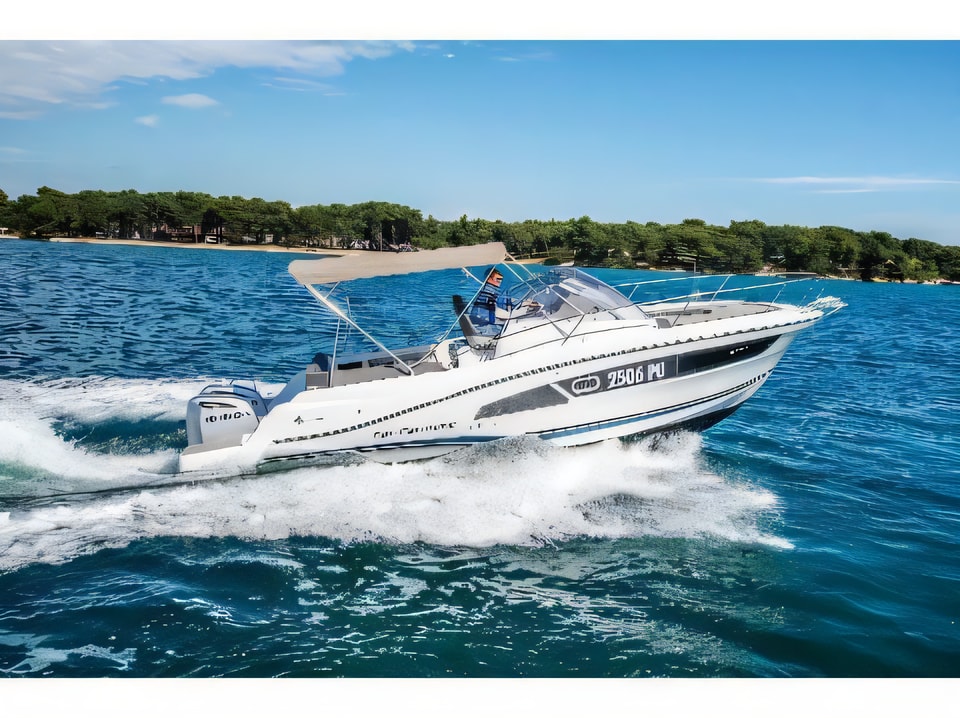 Exterior overview of Jeanneau Cap Camarat 9.0 WA motor boat for charter from Pula Tehnomont Marina Veruda in the Istria / Kvarner sailing area Croatia