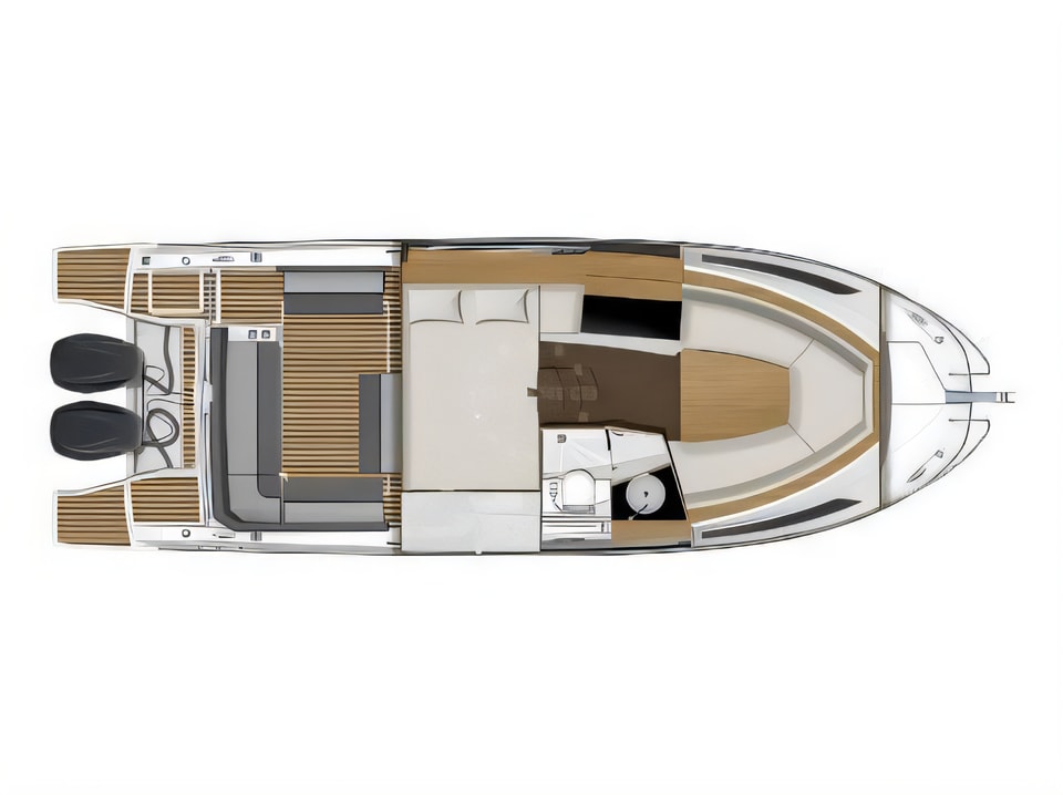 Layout of Jeanneau Cap Camarat 9.0 WA motor boat with 2 cabins Croatia yacht charter