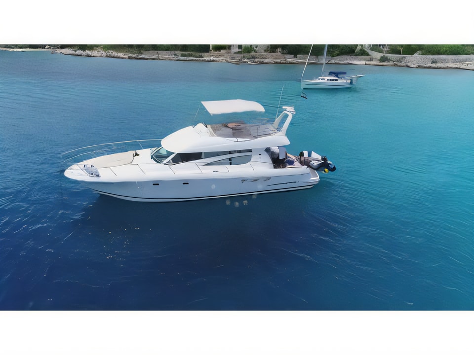 Exterior overview of Jeanneau Prestige 46 Fly motoryacht for charter from Split ACI Marina in the Split sailing area Croatia