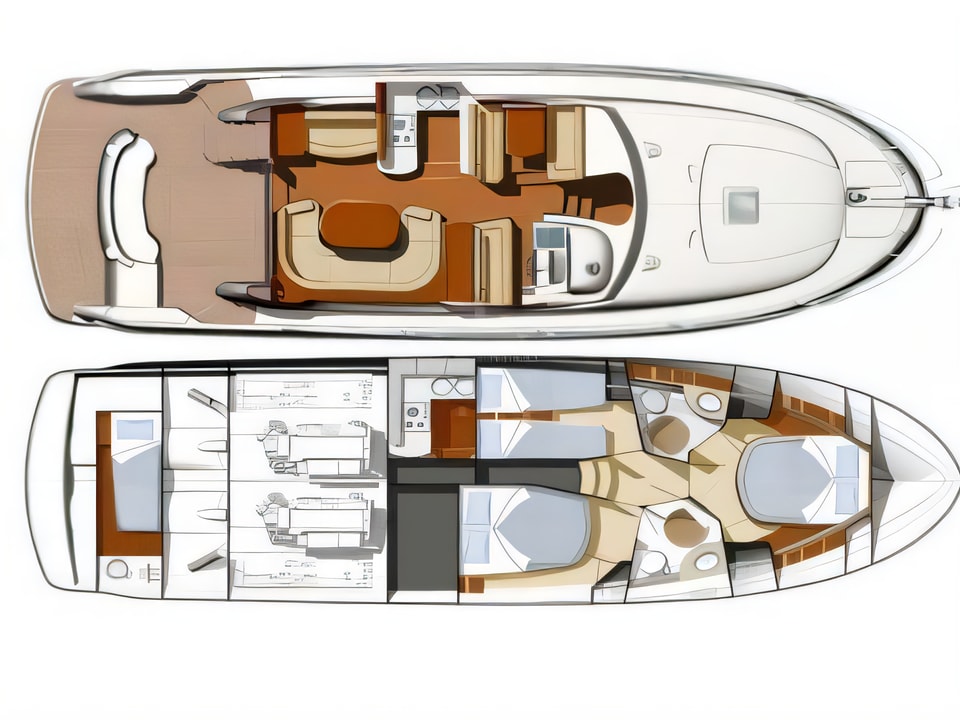 Layout of Jeanneau Prestige 46 Fly motoryacht with 4 cabins Croatia yacht charter