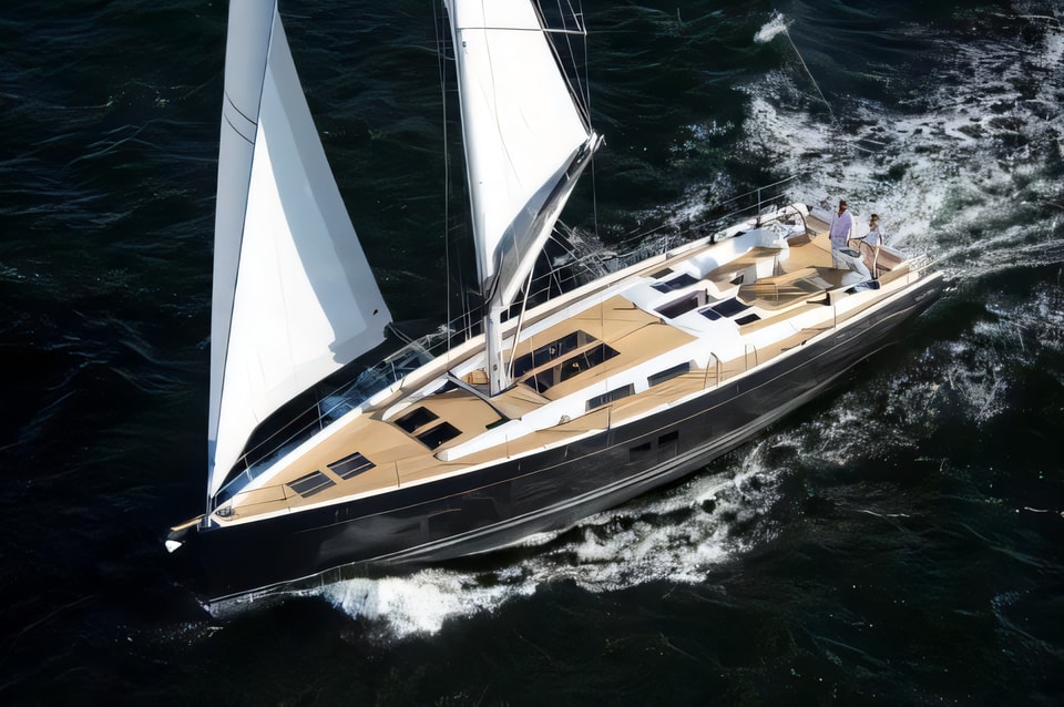 Exterior overview of Hanse 575 sail boat for charter from Kastela Gomilica Marina in the Sibenik sailing area Croatia