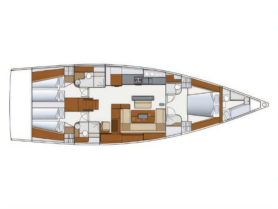 Layout of Hanse 575 sail boat with 3 cabins Croatia yacht charter