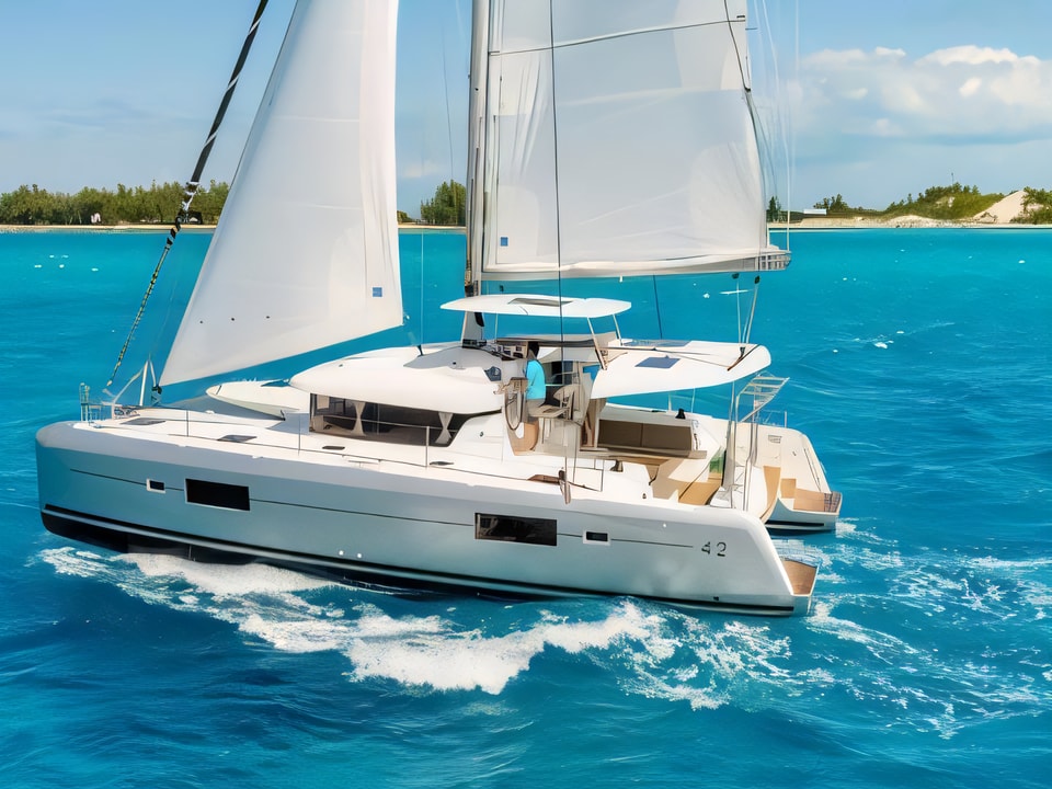 Exterior overview of Lagoon 42 catamaran for charter from Seget Donji Marina Baotic in the Split sailing area Croatia