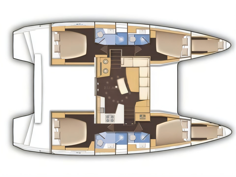Layout of Lagoon 42 catamaran with 6 cabins Croatia yacht charter