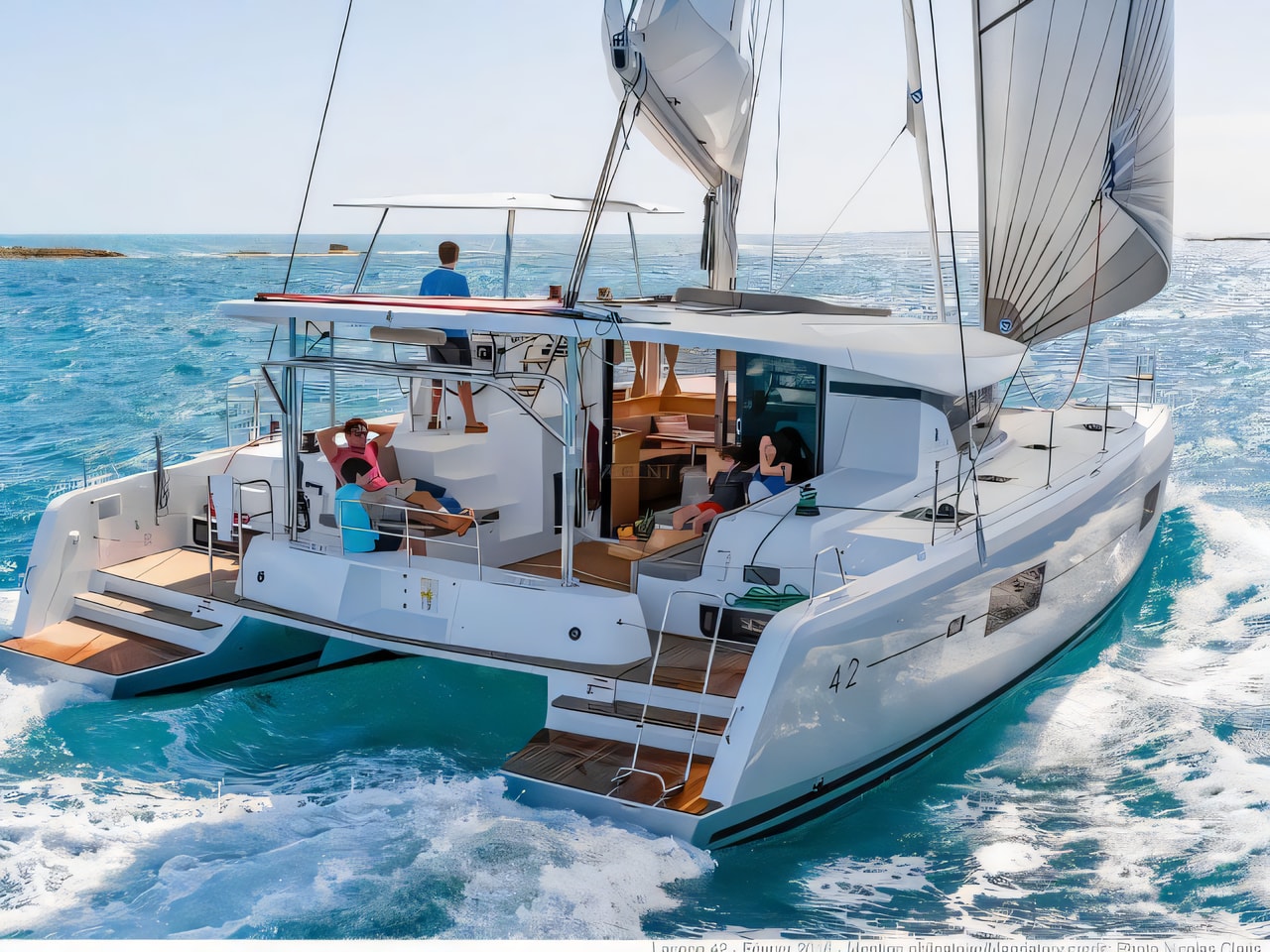 Exterior overview of Lagoon 42 owner version catamaran for charter from Rogoznica Marina Frapa in the Sibenik sailing area Croatia