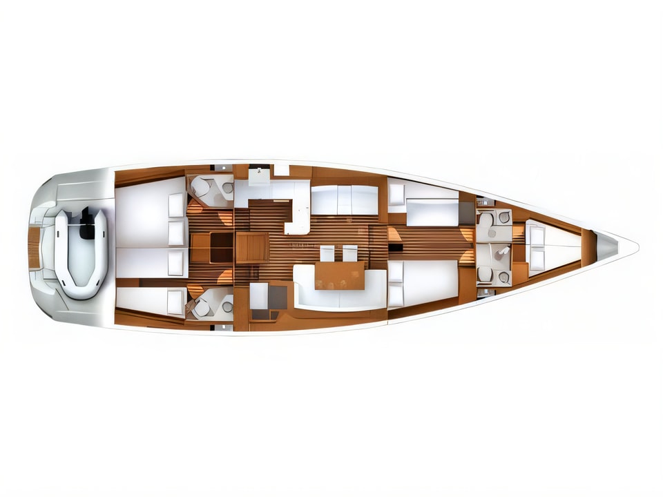 Layout of Jeanneau 57 sail boat with 5 cabins Croatia yacht charter