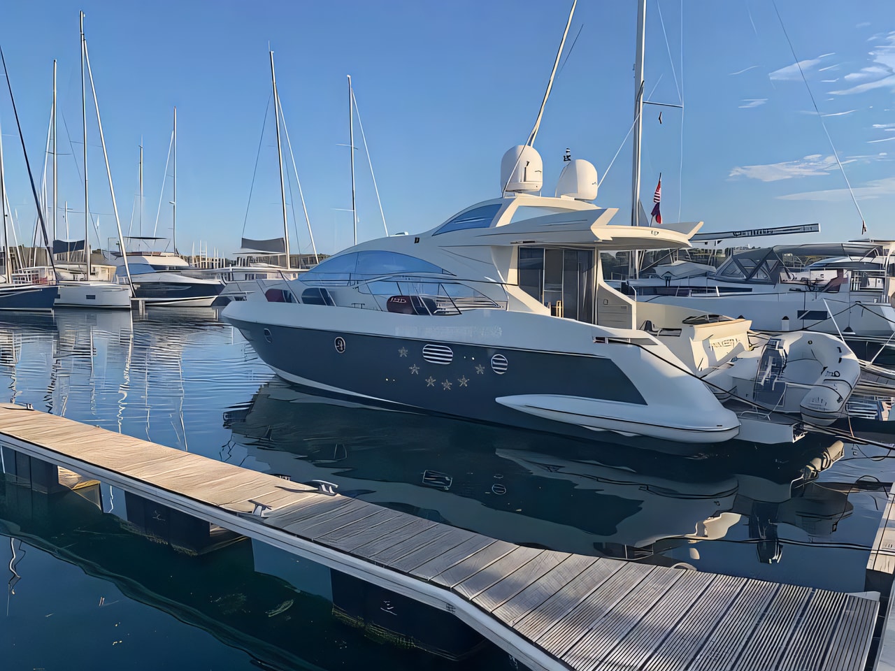 Exterior overview of Azimut 43 S motor boat for charter from Primosten Marina Kremik in the Sibenik sailing area Croatia