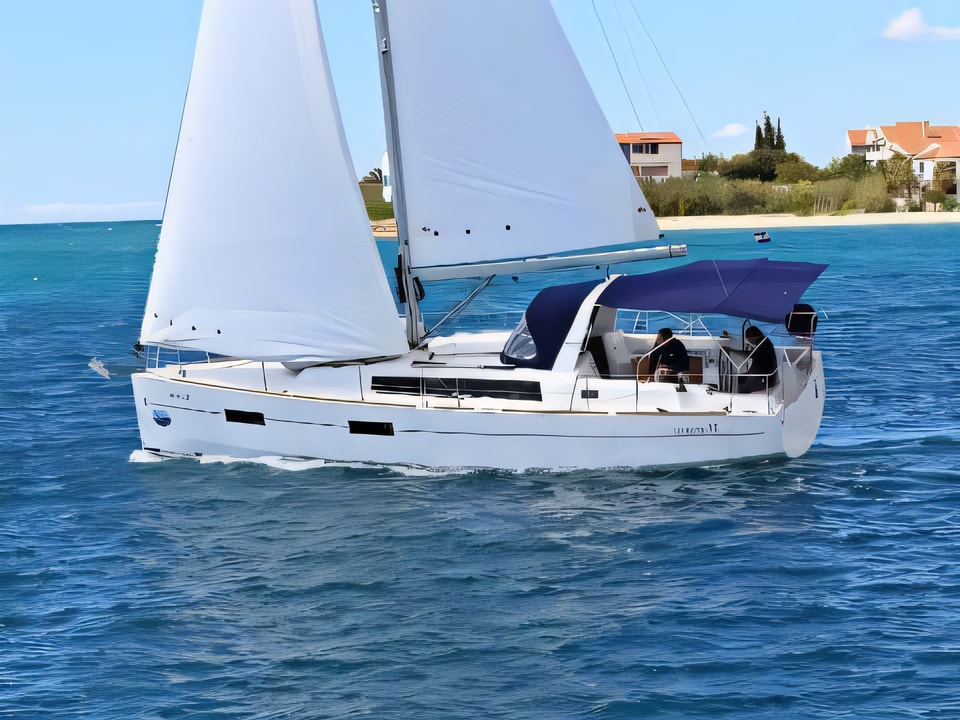 Exterior overview of OCEANIS 38.1 BT sail boat for charter from Sukosan Marina Dalmacija in the Zadar sailing area Croatia