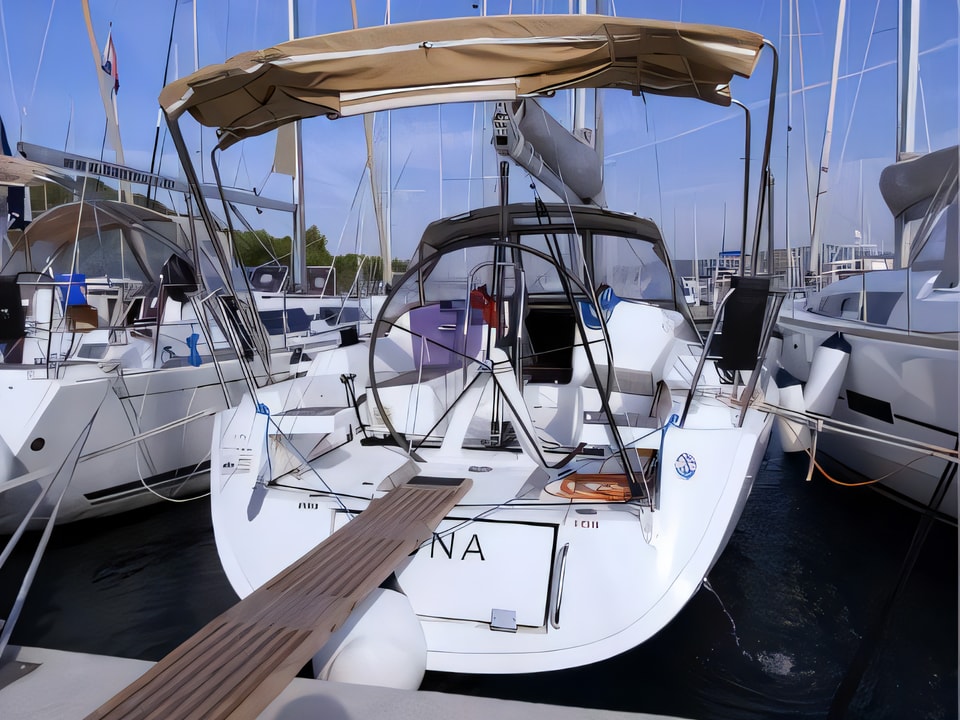 Exterior overview of Dufour 34 Performance sail boat for charter from Rogoznica Marina Frapa in the Sibenik sailing area Croatia