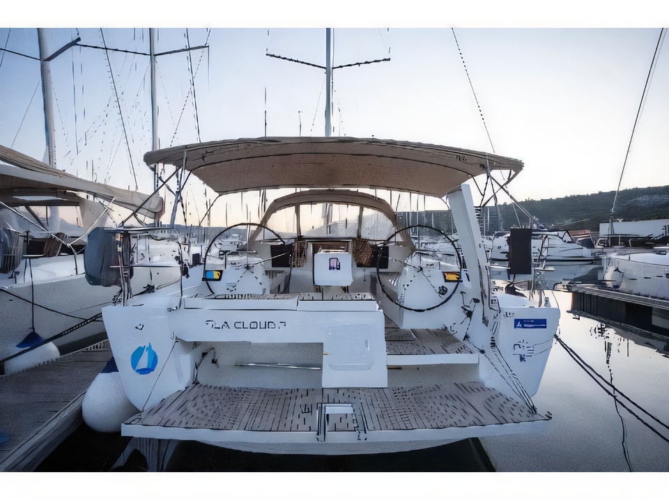 Exterior overview of Dufour 412 Grand large sail boat for charter from Pula Tehnomont Marina Veruda in the Istria / Kvarner sailing area Croatia