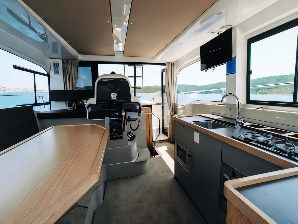 Interior of Bavaria E40 Fly motor boat with 3 cabins Croatia yacht charter