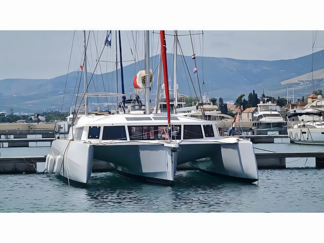 Exterior overview of Neel 43 catamaran for charter from Pula Tehnomont Marina Veruda in the Istria / Kvarner sailing area Croatia
