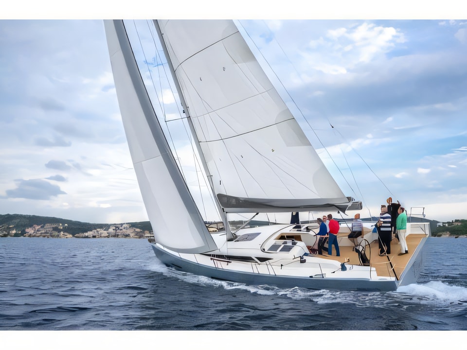 Exterior overview of More 55 sail boat for charter from Kastela Gomilica Marina in the Sibenik sailing area Croatia