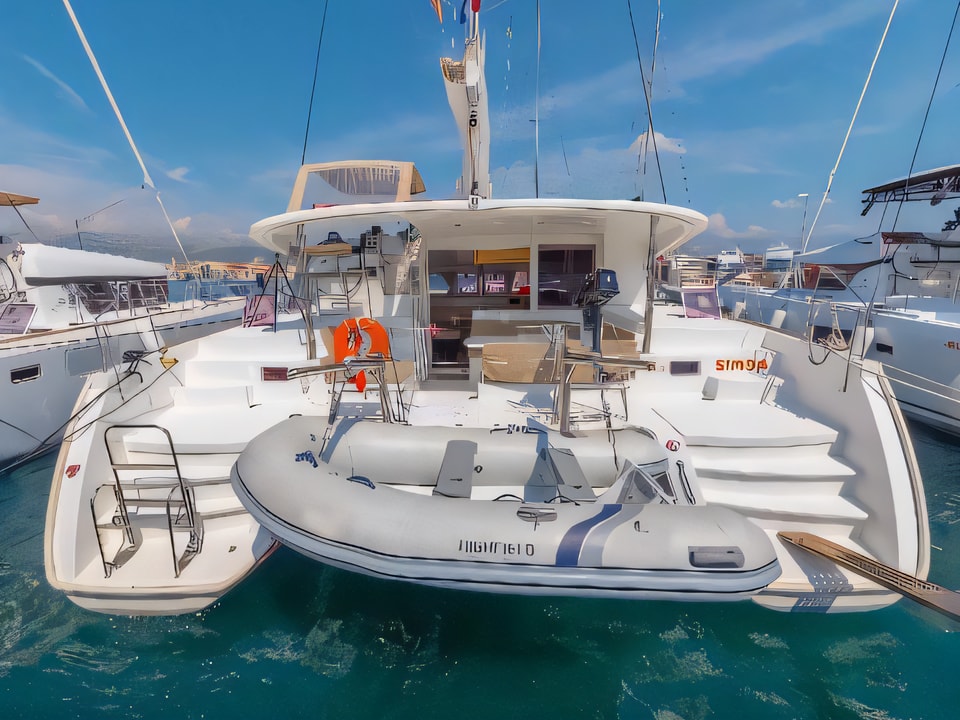 Exterior overview of Lagoon 400 catamaran for charter from Split ACI Marina in the Split sailing area Croatia