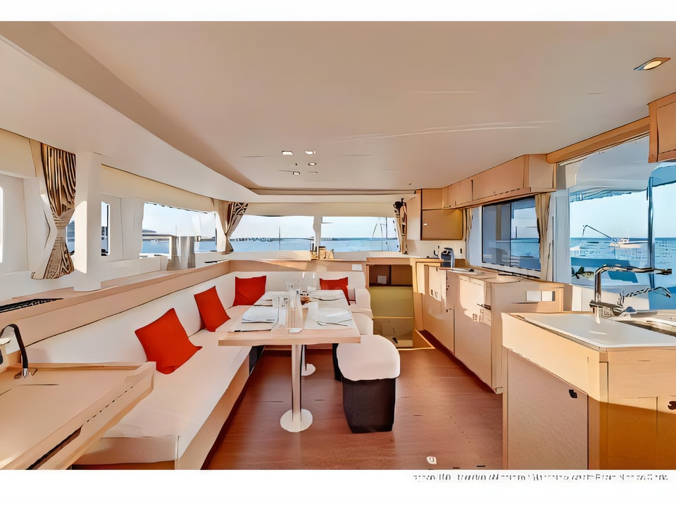 Interior of Lagoon 450 F equipped with generator, A / C (saloon+cabins), water maker, dishwasher, ice maker, bow truster catamaran with 6 cabins Croatia yacht charter