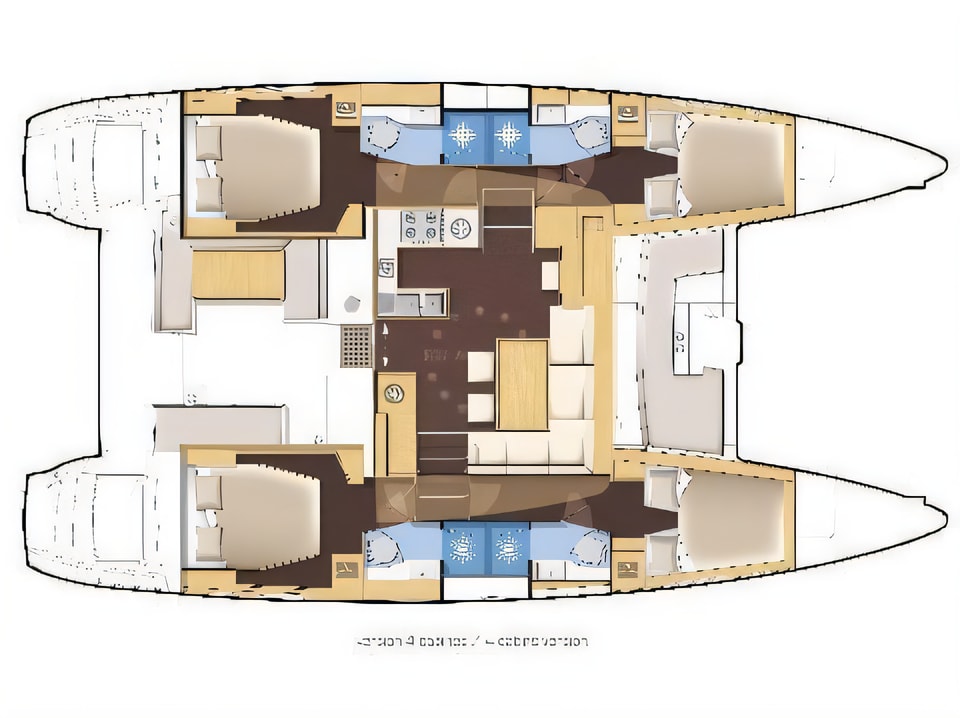 Layout of Lagoon 450 F equipped with generator, A / C (saloon+cabins), water maker, dishwasher, ice maker, bow truster catamaran with 6 cabins Croatia yacht charter