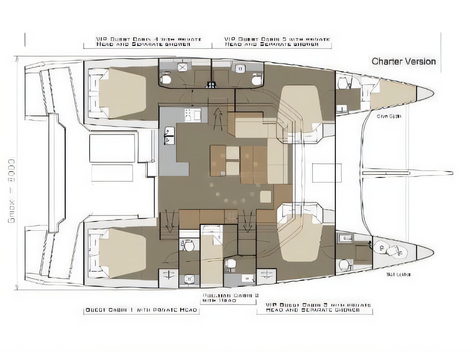 Layout of Dufour 48 catamaran with 6 cabins Croatia yacht charter
