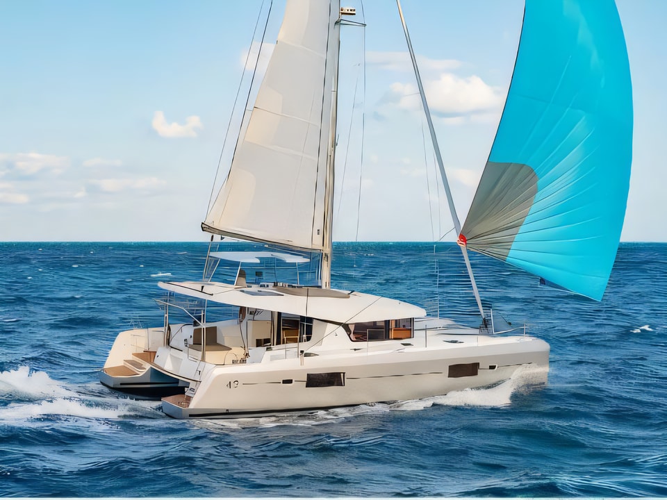 Exterior overview of Lagoon 42 catamaran for charter from Sibenik Marina Mandalina in the Sibenik sailing area Croatia