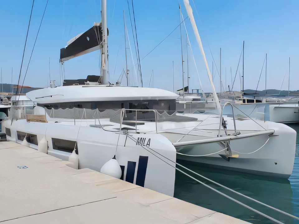 Exterior overview of Lagoon 50 Fly catamaran for charter from Seget Donji Marina Baotic in the Split sailing area Croatia
