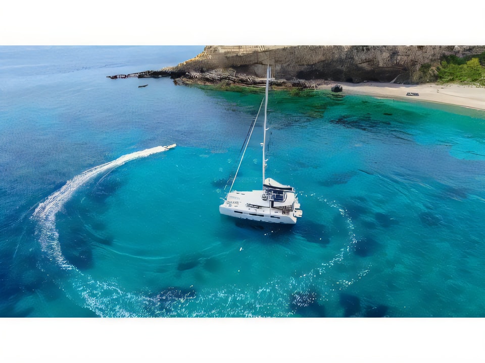 Exterior overview of Lagoon 50 LUX elegance equipped with airconditioning (saloon + cabins), generator, watermaker, ice maker, dishwasher, washer / dryer, 2 SUP, snorkelling equipment catamaran for charter from Slano ACI Marina in the Dubrovnik sailing area Croatia