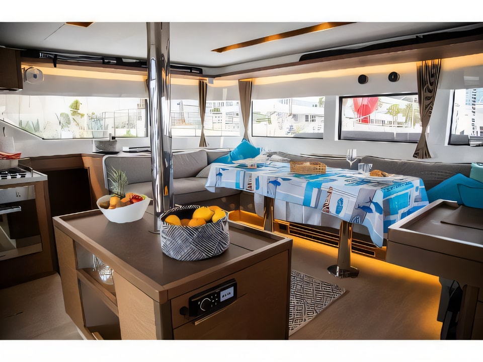 Interior of Lagoon 50 LUX elegance equipped with airconditioning (saloon + cabins), generator, watermaker, ice maker, dishwasher, washer / dryer, 2 SUP, snorkelling equipment catamaran with 4 cabins Croatia yacht charter