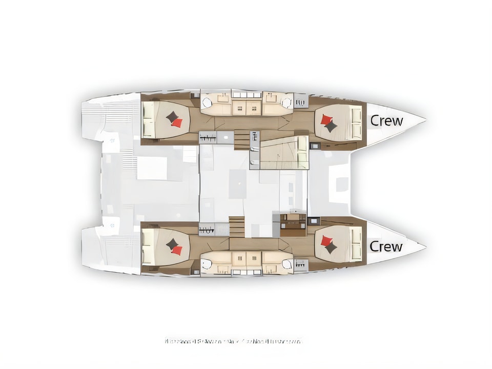 Layout of Lagoon 50 LUX elegance equipped with airconditioning (saloon + cabins), generator, watermaker, ice maker, dishwasher, washer / dryer, 2 SUP, snorkelling equipment catamaran with 4 cabins Croatia yacht charter