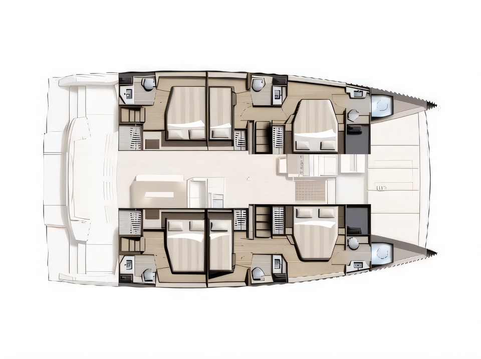 Layout of Bali 4.8 catamaran with 6 cabins Croatia yacht charter