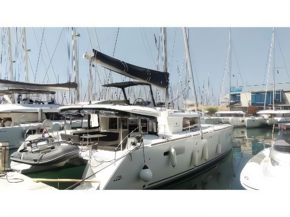 Exterior overview of Lagoon 450 F catamaran for charter from Kastela Gomilica Marina in the Sibenik sailing area Croatia