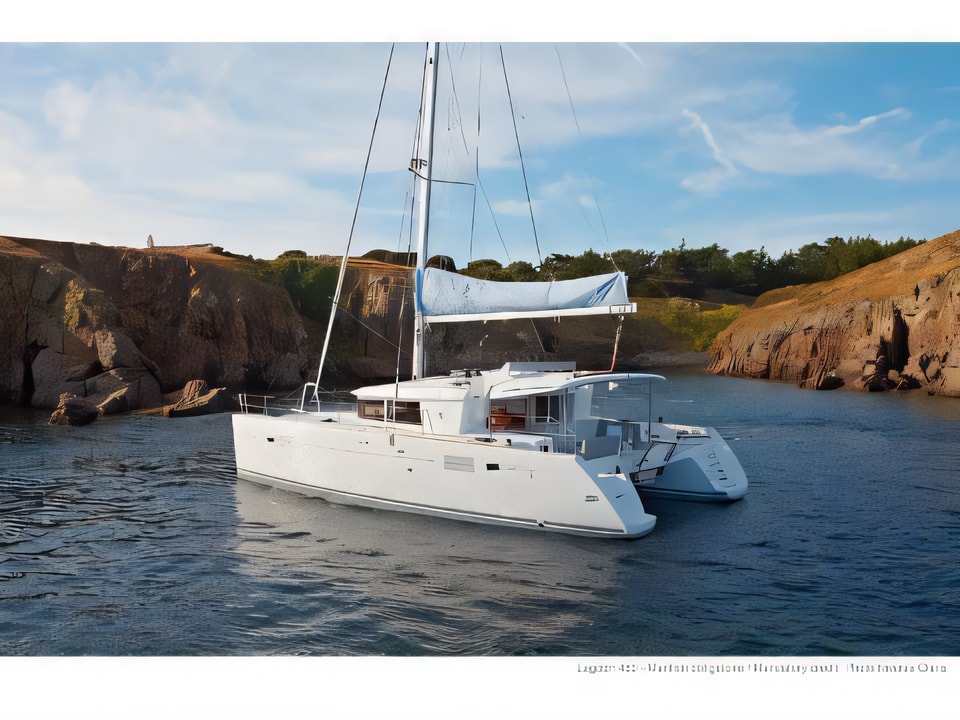 Exterior overview of Lagoon 450 F ANJA equipped with generator, A / C (saloon+cabins), water maker, washer / dryer, dishwasher, microwave oven catamaran for charter from Slano ACI Marina in the Dubrovnik sailing area Croatia