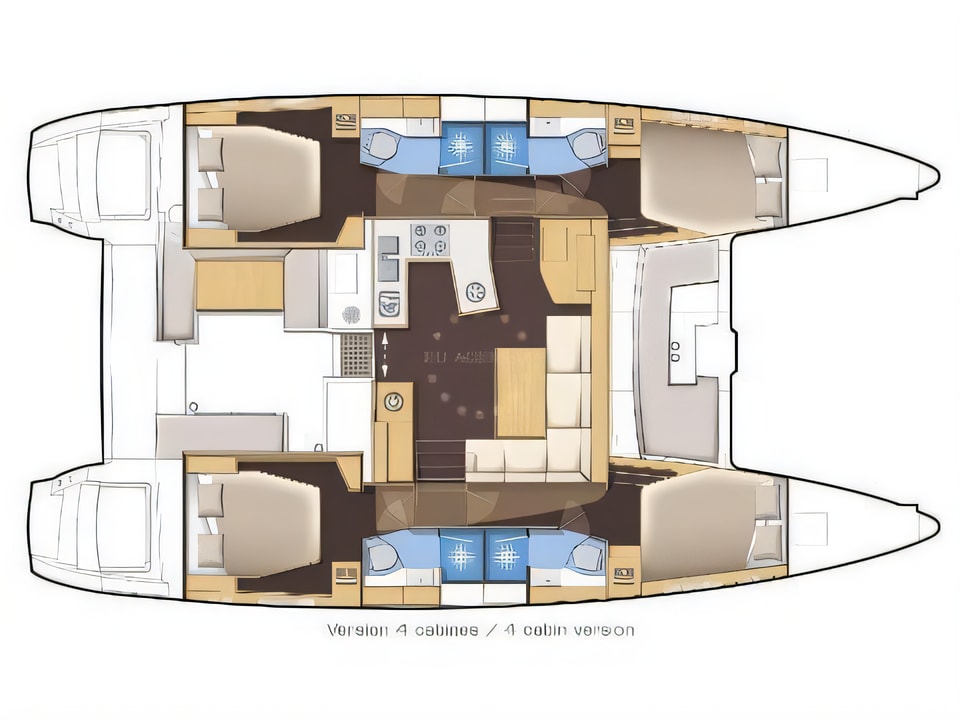 Layout of Lagoon 450 F ANJA equipped with generator, A / C (saloon+cabins), water maker, washer / dryer, dishwasher, microwave oven catamaran with 6 cabins Croatia yacht charter