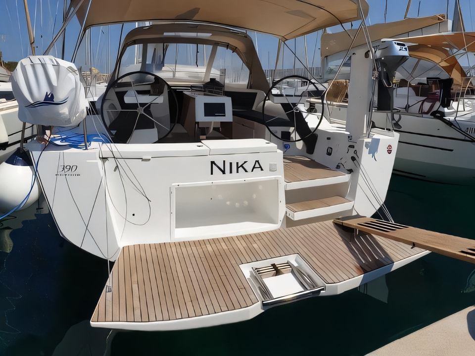 Exterior overview of Dufour 390 Grand Large sail boat for charter from Rogoznica Marina Frapa in the Sibenik sailing area Croatia